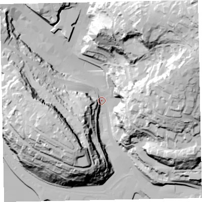 Shaded relief map of the ground around TQ25DJ, computed from Environment Agency LiDAR. The ground here sits at about 9 m above sea level and falls 103 m across the surrounding 800 m. Surface water reaching this point runs off ground lying to the north-east, 90.1 m higher.