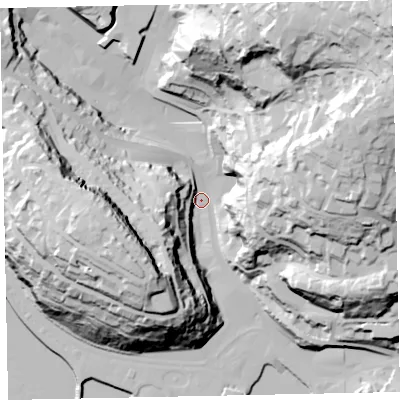 Shaded relief map of the ground around TQ25DN, computed from Environment Agency LiDAR. The ground here sits at about 8 m above sea level and falls 103 m across the surrounding 800 m. Surface water reaching this point runs off ground lying to the north-east, 93.3 m higher.
