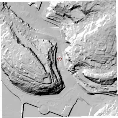 Shaded relief map of the ground around TQ25DW, computed from Environment Agency LiDAR. The ground here sits at about 6 m above sea level and falls 99 m across the surrounding 800 m. Surface water reaching this point runs off ground lying to the north-east, 91.3 m higher.