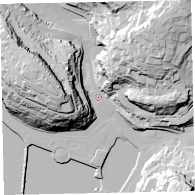 Shaded relief map of the ground around TQ25EB, computed from Environment Agency LiDAR. The ground here sits at about 7 m above sea level and falls 93 m across the surrounding 800 m. Surface water reaching this point runs off ground lying to the north-east, 44.3 m higher.