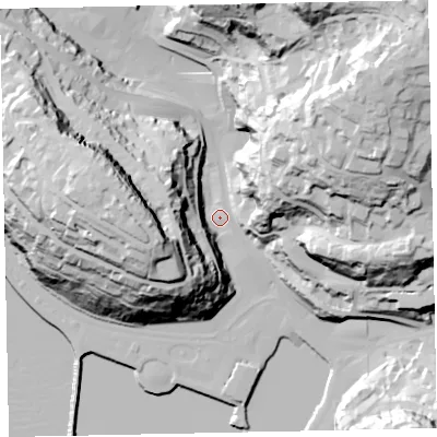 Shaded relief map of the ground around TQ25ED, computed from Environment Agency LiDAR. The ground here sits at about 7 m above sea level and falls 93 m across the surrounding 800 m. Surface water reaching this point runs off ground lying to the north-east, 85.9 m higher.