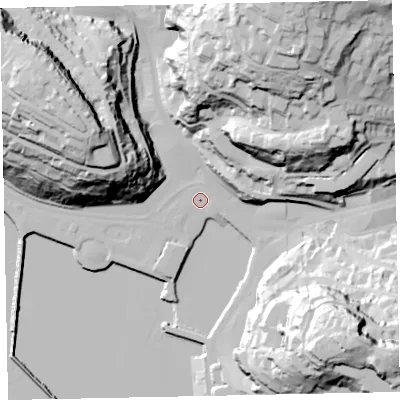 Shaded relief map of the ground around TQ25EE, computed from Environment Agency LiDAR. The ground here sits at about 4 m above sea level and falls 83 m across the surrounding 800 m. Surface water reaching this point runs off ground lying to the north-north-east, 77.1 m higher.