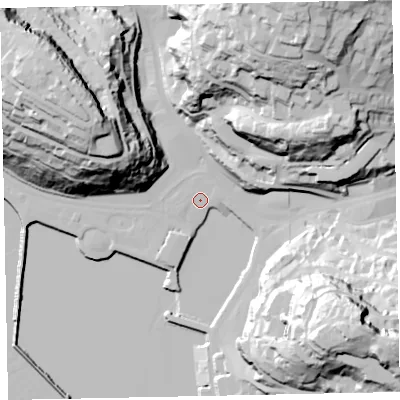 Shaded relief map of the ground around TQ25EG, computed from Environment Agency LiDAR. The ground here sits at about 3 m above sea level and falls 82 m across the surrounding 800 m. Surface water reaching this point runs off ground lying to the north-north-east, 76.7 m higher.