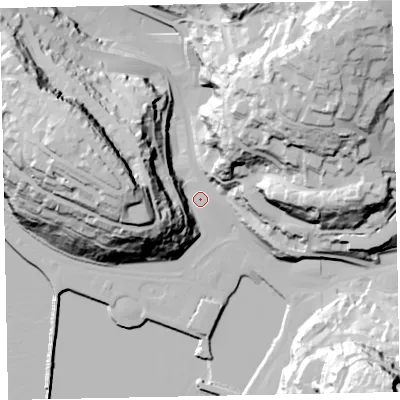 Shaded relief map of the ground around TQ25EH, computed from Environment Agency LiDAR. The ground here sits at about 6 m above sea level and falls 91 m across the surrounding 800 m. Surface water reaching this point runs off ground lying to the north-east, 84.2 m higher.
