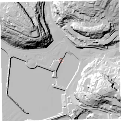 Shaded relief map of the ground around TQ25EQ, computed from Environment Agency LiDAR. The ground here sits at about 4 m above sea level and falls 77 m across the surrounding 800 m. Surface water reaching this point runs off ground lying to the west-south-west, 5.9 m higher.