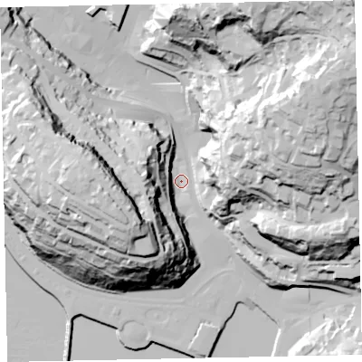 Shaded relief map of the ground around TQ25ES, computed from Environment Agency LiDAR. The ground here sits at about 6 m above sea level and falls 99 m across the surrounding 800 m. Surface water reaching this point runs off ground lying to the north-east, 91.3 m higher.