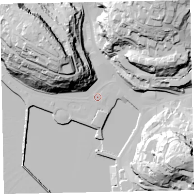 Shaded relief map of the ground around TQ25EX, computed from Environment Agency LiDAR. The ground here sits at about 4 m above sea level and falls 81 m across the surrounding 800 m. Surface water reaching this point runs off ground lying to the north-west, 64.0 m higher.