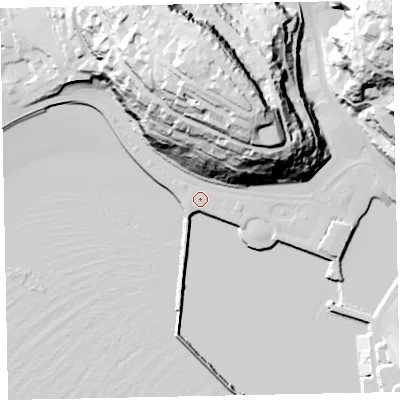 Shaded relief map of the ground around TQ25EZ, computed from Environment Agency LiDAR. The ground here sits at about 5 m above sea level and falls 73 m across the surrounding 800 m. Surface water reaching this point runs off ground lying to the east-south-east, 2.1 m higher.