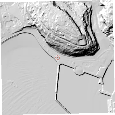 Shaded relief map of the ground around TQ25HA, computed from Environment Agency LiDAR. The ground here sits at about 5 m above sea level and falls 73 m across the surrounding 800 m. Surface water reaching this point runs off ground lying to the east-south-east, 2.1 m higher.
