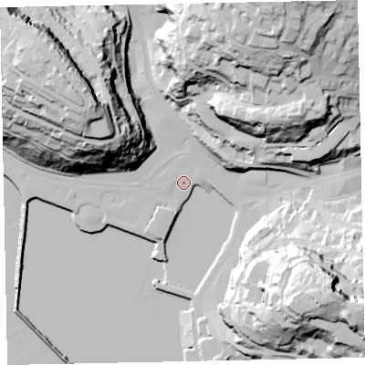 Shaded relief map of the ground around TQ25JG, computed from Environment Agency LiDAR. The ground here sits at about 3 m above sea level and falls 80 m across the surrounding 800 m. Surface water reaching this point runs off ground lying to the north-north-east, 75.3 m higher.
