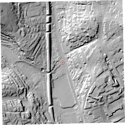 Shaded relief map of the ground around TQ25JZ, computed from Environment Agency LiDAR. The ground here sits at about 12 m above sea level and falls 61 m across the surrounding 800 m. Surface water reaching this point runs off ground lying to the north-west, 55.3 m higher.