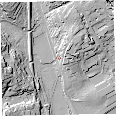 Shaded relief map of the ground around TQ25LA, computed from Environment Agency LiDAR. The ground here sits at about 12 m above sea level and falls 52 m across the surrounding 800 m. Surface water reaching this point runs off ground lying to the north-north-east, 22.7 m higher.