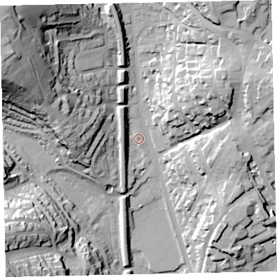 Shaded relief map of the ground around TQ25LF, computed from Environment Agency LiDAR. The ground here sits at about 13 m above sea level and falls 63 m across the surrounding 800 m. Surface water reaching this point runs off ground lying to the north-west, 57.1 m higher.