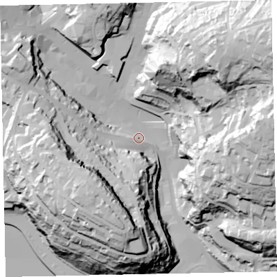 Shaded relief map of the ground around TQ25NF, computed from Environment Agency LiDAR. The ground here sits at about 12 m above sea level and falls 94 m across the surrounding 800 m. Surface water reaching this point runs off ground lying to the south-south-west, 29.1 m higher.