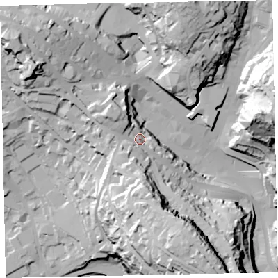 Shaded relief map of the ground around TQ25NN, computed from Environment Agency LiDAR. The ground here sits at about 31 m above sea level and falls 70 m across the surrounding 800 m. Surface water reaching this point runs off ground lying to the south, 19.9 m higher.