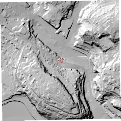 Shaded relief map of the ground around TQ25NQ, computed from Environment Agency LiDAR. The ground here sits at about 20 m above sea level and falls 84 m across the surrounding 800 m. Surface water reaching this point runs off ground lying to the south-south-west, 53.1 m higher.
