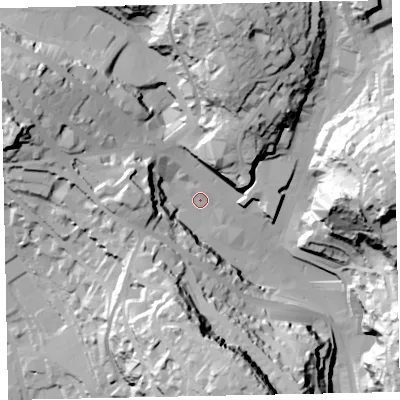 Shaded relief map of the ground around TQ25PH, computed from Environment Agency LiDAR. The ground here sits at about 15 m above sea level and falls 70 m across the surrounding 800 m. Surface water reaching this point runs off ground lying to the north, 48.7 m higher.