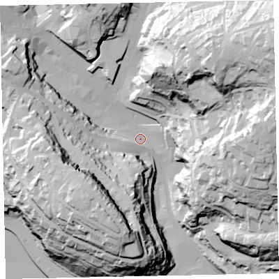 Shaded relief map of the ground around TQ25PL, computed from Environment Agency LiDAR. The ground here sits at about 9 m above sea level and falls 96 m across the surrounding 800 m. Surface water reaching this point runs off ground lying to the north-east, 84.7 m higher.