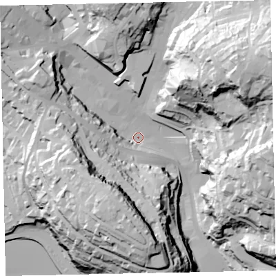 Shaded relief map of the ground around TQ25PN, computed from Environment Agency LiDAR. The ground here sits at about 11 m above sea level and falls 88 m across the surrounding 800 m. Surface water reaching this point runs off ground lying to the south, 60.5 m higher.