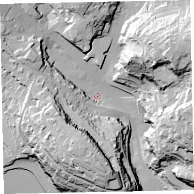 Shaded relief map of the ground around TQ25PR, computed from Environment Agency LiDAR. The ground here sits at about 11 m above sea level and falls 86 m across the surrounding 800 m. Surface water reaching this point runs off ground lying to the south-south-west, 56.2 m higher.