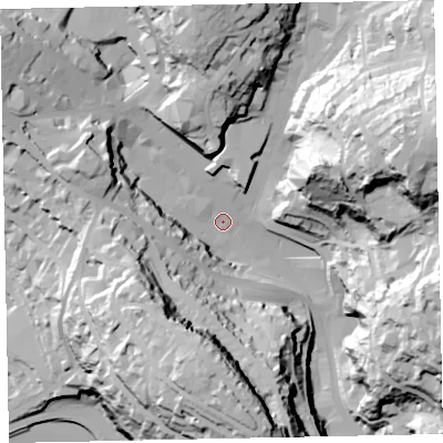 Shaded relief map of the ground around TQ25PS, computed from Environment Agency LiDAR. The ground here sits at about 12 m above sea level and falls 83 m across the surrounding 800 m. Surface water reaching this point runs off ground lying to the north, 43.7 m higher.