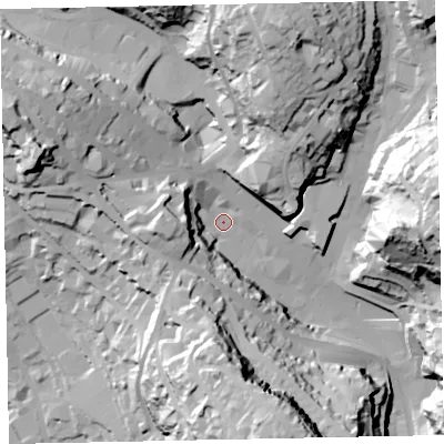 Shaded relief map of the ground around TQ25PU, computed from Environment Agency LiDAR. The ground here sits at about 15 m above sea level and falls 66 m across the surrounding 800 m. Surface water reaching this point runs off ground lying to the north-north-east, 48.1 m higher.