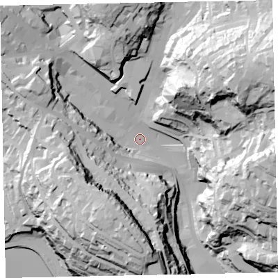 Shaded relief map of the ground around TQ25PW, computed from Environment Agency LiDAR. The ground here sits at about 10 m above sea level and falls 88 m across the surrounding 800 m. Surface water reaching this point runs off ground lying to the south, 60.5 m higher.