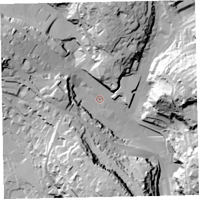 Shaded relief map of the ground around TQ25PY, computed from Environment Agency LiDAR. The ground here sits at about 15 m above sea level and falls 76 m across the surrounding 800 m. Surface water reaching this point runs off ground lying to the north, 48.8 m higher.