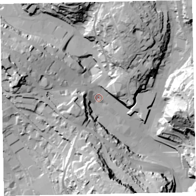 Shaded relief map of the ground around TQ25QB, computed from Environment Agency LiDAR. The ground here sits at about 17 m above sea level and falls 66 m across the surrounding 800 m. Surface water reaching this point runs off ground lying to the north-north-west, 46.1 m higher.