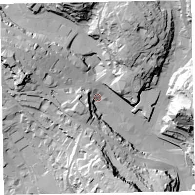 Shaded relief map of the ground around TQ25QG, computed from Environment Agency LiDAR. The ground here sits at about 18 m above sea level and falls 64 m across the surrounding 800 m. Surface water reaching this point runs off ground lying to the west-north-west, 38.0 m higher.