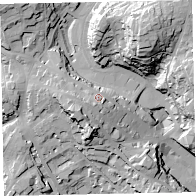 Shaded relief map of the ground around TQ25QS, computed from Environment Agency LiDAR. The ground here sits at about 43 m above sea level and falls 59 m across the surrounding 800 m. Surface water reaching this point runs off ground lying to the west-south-west, 6.6 m higher.