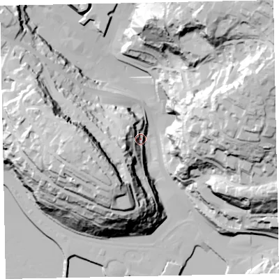 Shaded relief map of the ground around TQ25SP, computed from Environment Agency LiDAR. The ground here sits at about 17 m above sea level and falls 98 m across the surrounding 800 m. Surface water reaching this point runs off ground lying to the west-north-west, 30.9 m higher.