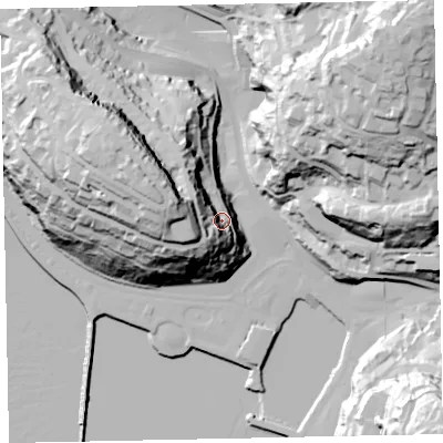 Shaded relief map of the ground around TQ25SR, computed from Environment Agency LiDAR. The ground here sits at about 27 m above sea level and falls 87 m across the surrounding 800 m. Surface water reaching this point runs off ground lying to the west-north-west, 48.8 m higher.