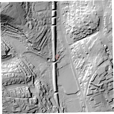 Shaded relief map of the ground around TQ26AP, computed from Environment Agency LiDAR. The ground here sits at about 15 m above sea level and falls 65 m across the surrounding 800 m. Surface water reaching this point runs off ground lying to the west, 7.3 m higher.
