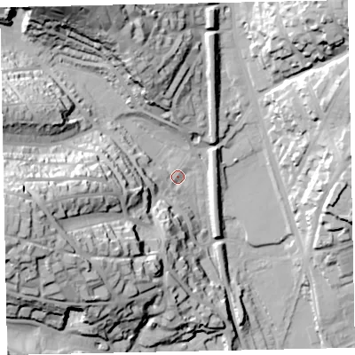 Shaded relief map of the ground around TQ26AU, computed from Environment Agency LiDAR. The ground here sits at about 13 m above sea level and falls 64 m across the surrounding 800 m. Surface water reaching this point runs off ground lying to the south-west, 4.9 m higher.