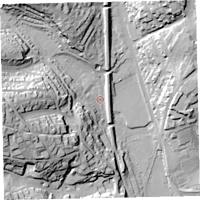 Shaded relief map of the ground around TQ26AX, computed from Environment Agency LiDAR. The ground here sits at about 10 m above sea level and falls 62 m across the surrounding 800 m. Surface water reaching this point runs off ground lying to the west, 55.3 m higher.