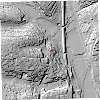 Shaded relief map of the ground around TQ26HJ, computed from Environment Agency LiDAR. The ground here sits at about 27 m above sea level and falls 66 m across the surrounding 800 m. Surface water reaching this point runs off ground lying to the west, 42.7 m higher.
