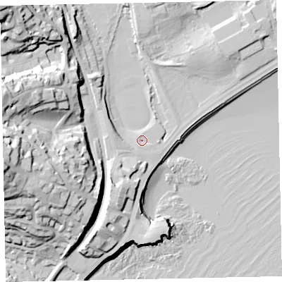 Shaded relief map of the ground around TQ26NX, computed from Environment Agency LiDAR. The ground here sits at about 4 m above sea level and falls 47 m across the surrounding 800 m. Surface water reaching this point runs off ground lying to the south-south-west, 12.1 m higher.
