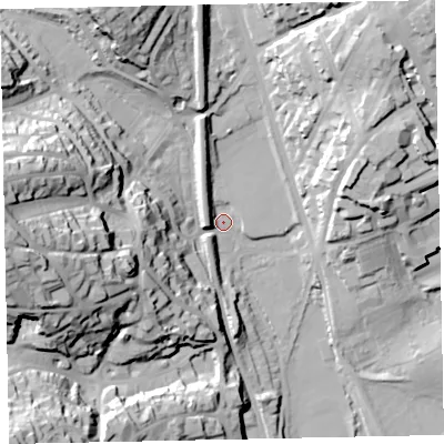 Shaded relief map of the ground around TQ26NZ, computed from Environment Agency LiDAR. The ground here sits at about 8 m above sea level and falls 56 m across the surrounding 800 m. Surface water reaching this point runs off ground lying to the west, 51.1 m higher.