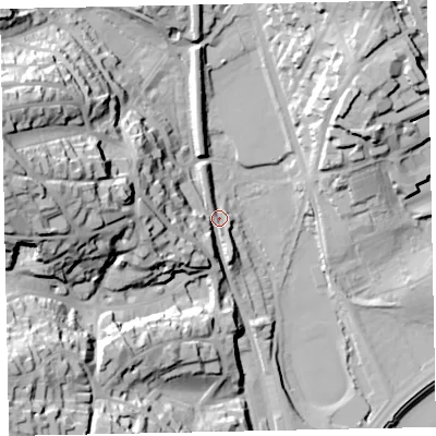 Shaded relief map of the ground around TQ26PA, computed from Environment Agency LiDAR. The ground here sits at about 11 m above sea level and falls 60 m across the surrounding 800 m. Surface water reaching this point runs off ground lying to the west, 42.4 m higher.