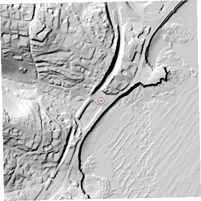 Shaded relief map of the ground around TQ26QJ, computed from Environment Agency LiDAR. The ground here sits at about 8 m above sea level and falls 56 m across the surrounding 800 m. Surface water reaching this point runs off ground lying to the north-west, 49.4 m higher.