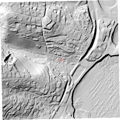 Shaded relief map of the ground around TQ26QS, computed from Environment Agency LiDAR. The ground here sits at about 7 m above sea level and falls 62 m across the surrounding 800 m. Surface water reaching this point runs off ground lying to the west, 54.7 m higher.