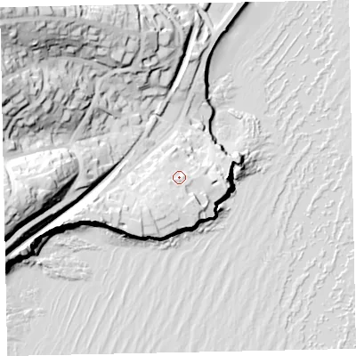Shaded relief map of the ground around TQ26RE, computed from Environment Agency LiDAR. The ground here sits at about 16 m above sea level and falls 61 m across the surrounding 800 m. Surface water reaching this point runs off ground lying to the south-south-west, 7.0 m higher.