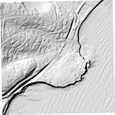 Shaded relief map of the ground around TQ26RG, computed from Environment Agency LiDAR. The ground here sits at about 12 m above sea level and falls 72 m across the surrounding 800 m. Surface water reaching this point runs off ground lying to the west-south-west, 35.5 m higher.