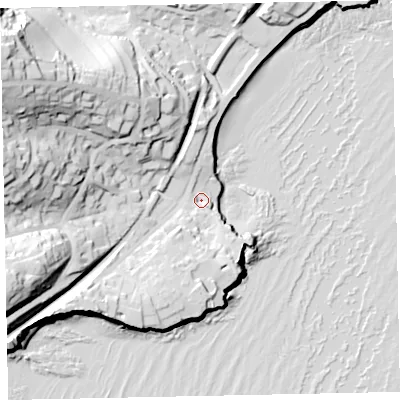 Shaded relief map of the ground around TQ26RQ, computed from Environment Agency LiDAR. The ground here sits at about 6 m above sea level and falls 58 m across the surrounding 800 m. Surface water reaching this point runs off ground lying to the west-north-west, 47.9 m higher.