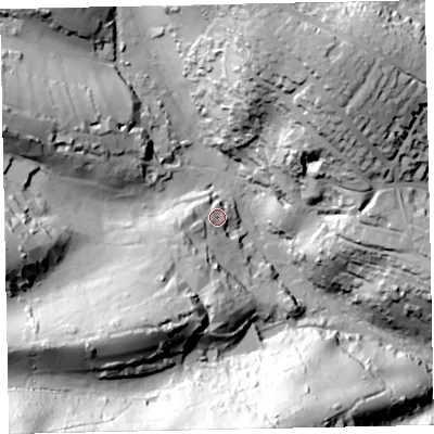 Shaded relief map of the ground around TQ26XA, computed from Environment Agency LiDAR. The ground here sits at about 34 m above sea level and falls 69 m across the surrounding 800 m. Surface water reaching this point runs off ground lying to the south-west, 17.1 m higher.