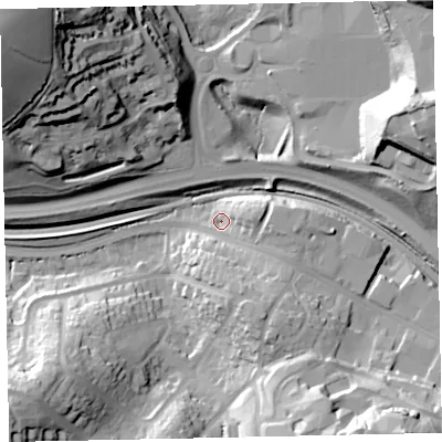 Shaded relief map of the ground around TQ27AH, computed from Environment Agency LiDAR. The ground here sits at about 45 m above sea level and falls 59 m across the surrounding 800 m. Surface water reaching this point runs off ground lying to the east, 9.8 m higher.