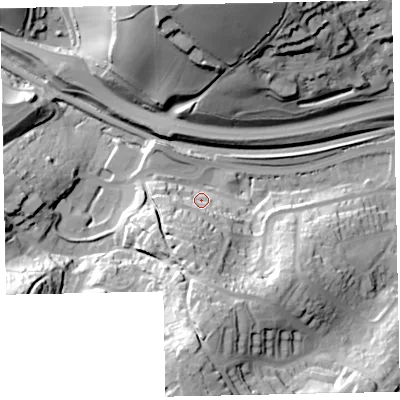 Shaded relief map of the ground around TQ27JA, computed from Environment Agency LiDAR. The ground here sits at about 44 m above sea level and falls 57 m across the surrounding 800 m. Surface water reaching this point runs off ground lying to the south, 37.8 m higher.