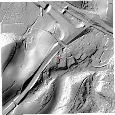 Shaded relief map of the ground around TQ27JF, computed from Environment Agency LiDAR. The ground here sits at about 66 m above sea level and falls 86 m across the surrounding 800 m. Surface water reaching this point runs off ground lying to the south-west, 12.2 m higher.