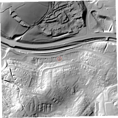 Shaded relief map of the ground around TQ27JN, computed from Environment Agency LiDAR. The ground here sits at about 40 m above sea level and falls 58 m across the surrounding 800 m. Surface water reaching this point runs off ground lying to the south-west, 40.8 m higher.